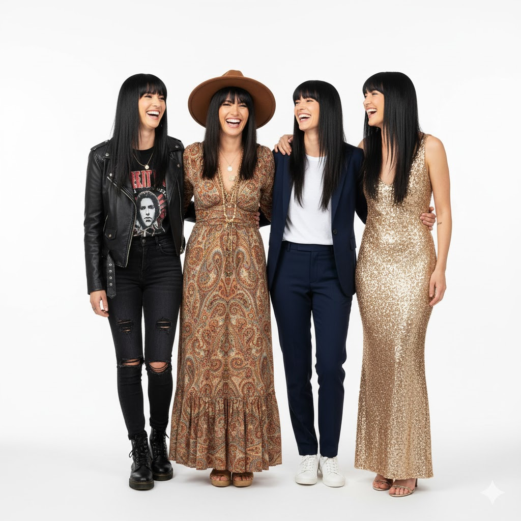 The image is to visually celebrate the powerful concept of Diva Energy and its versatility in fashion. It shows one woman embracing four completely different identities—from the structured professional in a suit to the glamorous goddess in a gown, the free spirit in a boho look, and the edgy trendsetter in a blazer—to prove that true confidence allows you to rock any and every style. It is an inspiring visual reminder that personal style is an unlimited expression of self-power.