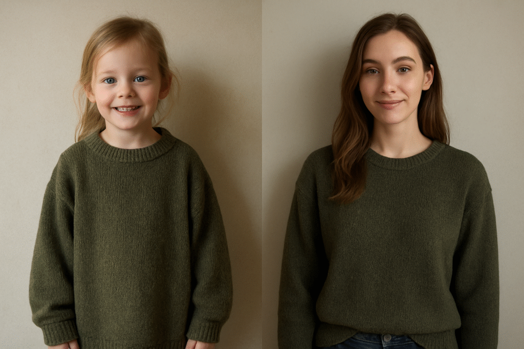 A heartwarming side-by-side portrait shows a young girl and the same person as an adult, both wearing the same olive-green sweater across time. On the left, the oversized knit drapes adorably on the cheerful child, its sleeves hanging loose in a way that captures innocence and playfulness. On the right, the grown woman wears the once-huge sweater as a perfectly fitting, stylish piece, reflecting confidence and maturity. Together, the images symbolize growth, memory, and fashion reinvention, showing how a single garment can evolve with a person’s journey while preserving emotional warmth, nostalgia, and personal identity across the years.