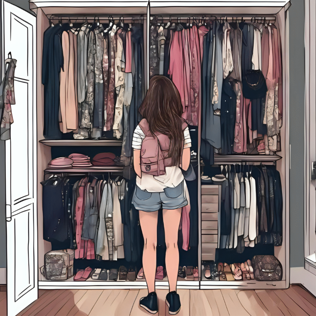 A girl stands in front of her huge, overfilled wardrobe, looking at rows of clothes, shoes, and accessories that reflect different moments of her life. The scene symbolizes how her wardrobe acts like a scrapbook of memories, expressing her evolving fashion and identity.