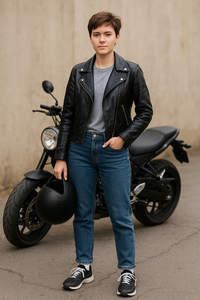 A tomboy-style girl standing confidently in front of a motorcycle, wearing a black leather jacket, grey t-shirt, jeans, and sports shoes, holding a helmet in one hand. The scene reflects fashion and identity through her bold, authentic personal style.