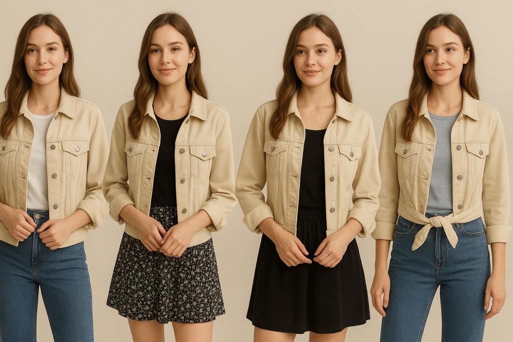 This image represents the idea of fashion reinvention by showing a young woman styling the same beige jacket in four creative and versatile ways. In the first look, she pairs the jacket with a simple white top and blue jeans, creating a clean and casual everyday outfit. The second look highlights a more feminine side, where the jacket is worn over a black top and a floral skirt, giving a soft, youthful vibe. In the third style, she combines the jacket with a plain black dress, offering a chic yet effortless appearance that can work for both daytime and evening settings. The final look showcases a trendy twist as the jacket is tied at the waist and worn with a pastel top and fitted jeans, adding a modern, refreshed feel. Together, these four outfits demonstrate how one piece of clothing can be transformed into multiple fashionable looks, perfectly capturing the essence of fashion reinvention.