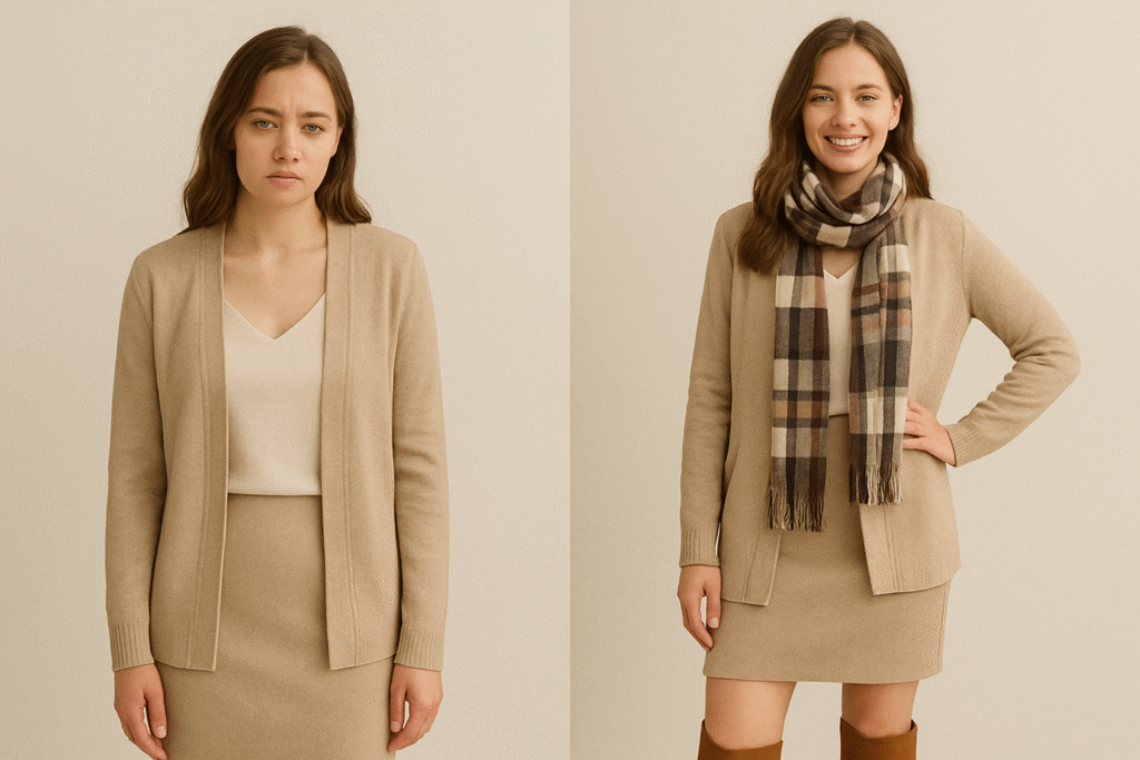 A side-by-side image showing fashion reinvention with a girl wearing the same beige cardigan outfit in two different ways. In the first picture, she is dressed well but without accessories, looking less confident and neutral. In the second picture, the same outfit is transformed with stylish accessories — a plaid scarf and knee-high boots — making her appear confident, polished, and expressive, highlighting how layering and accessories can elevate a simple cardigan look.