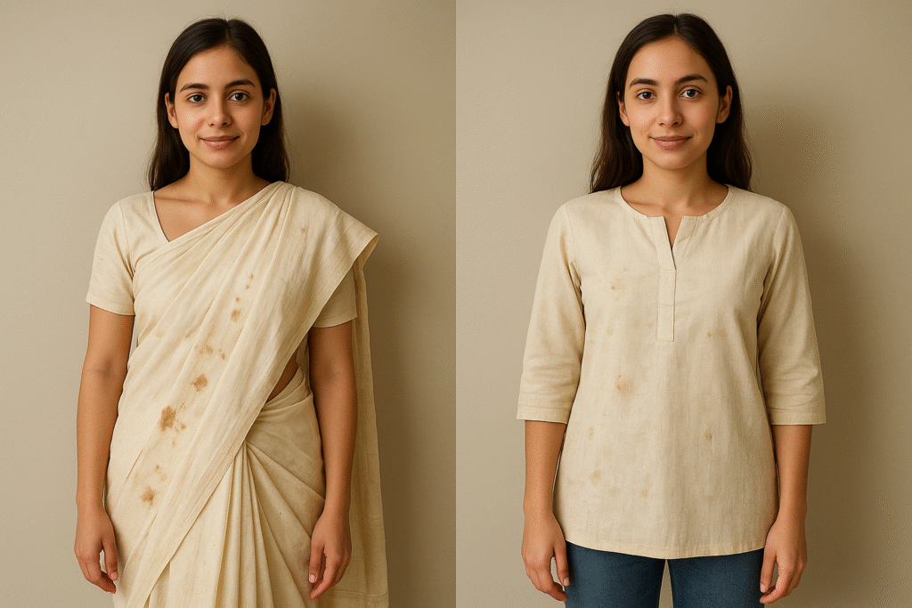 A side-by-side transformation image shows a woman first wearing an old, stained saree and then wearing a newly created kurti made from the same fabric. The intention of the image is to illustrate fashion reinvention by demonstrating how worn, imperfect garments can be thoughtfully upcycled into fresh, modern pieces. It highlights sustainability, creativity, and the idea that clothing doesn’t lose value just because it ages or gets damaged. Instead, the image conveys how personal effort and imagination can turn something once considered unusable into a stylish, meaningful outfit, celebrating both resourcefulness and emotional connection to old garments.