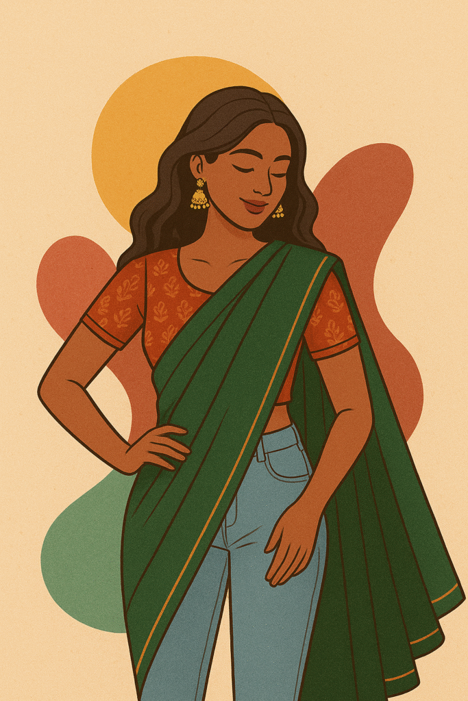 Illustration of a woman blending traditional Indian clothing with modern style, showcasing saree draping over jeans with jhumka earrings, representing the connection between fashion and identity.
